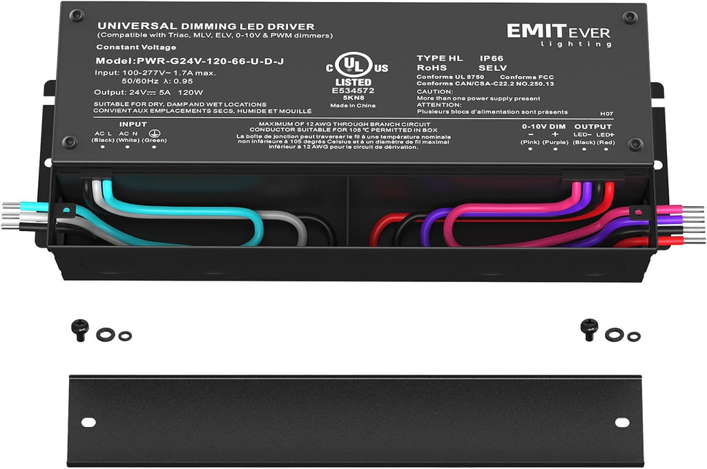 EMITEVER 120W Dimmable LED Driver, 24V Triac Dimmable Power Supply, AC to DC Transformer for LED Light, Compatible with Lutron and Leviton Dimmer, Waterproof IP67 and UL Listed