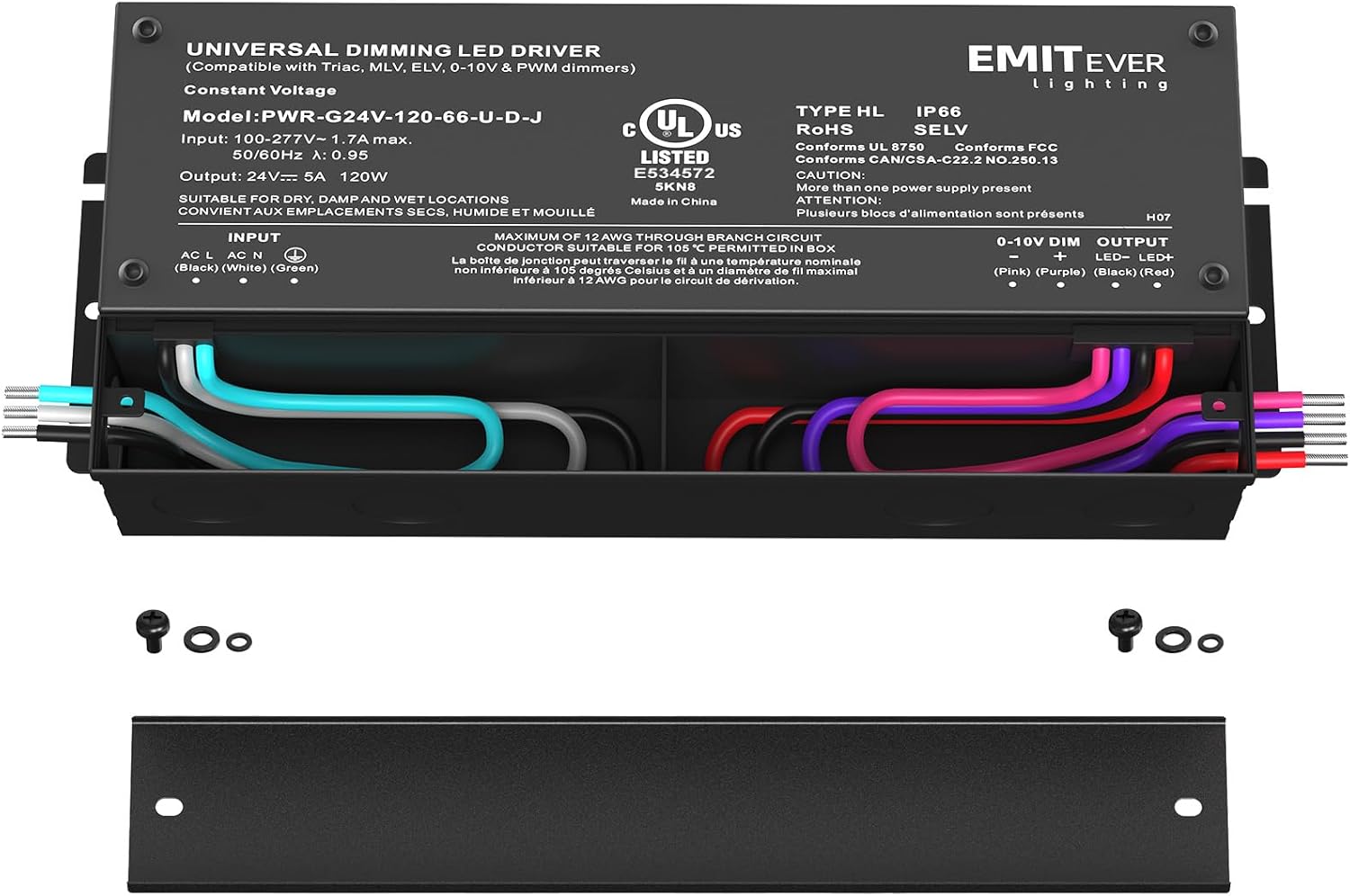 EMITEVER 120W Dimmable LED Driver, 24V Triac Dimmable Power Supply, AC to DC Transformer for LED Light, Compatible with Lutron and Leviton Dimmer, Waterproof IP67 and UL Listed