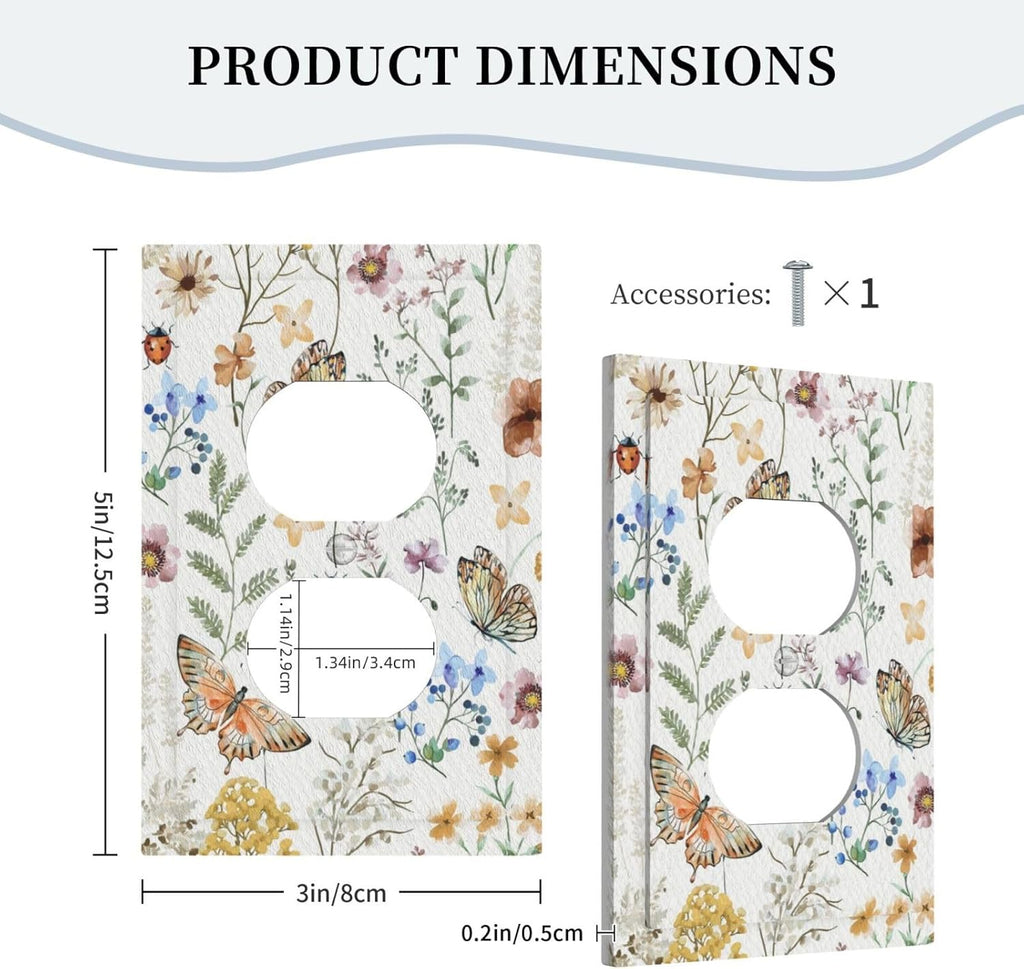Decorative Light Switch Cover Boho White Background Butterfly Rustic Flower Personalized Wall Plate Single Duplex Switchplate 1 Gang Outlet Plate Decora Light Switch Plate for Bedroom Decor