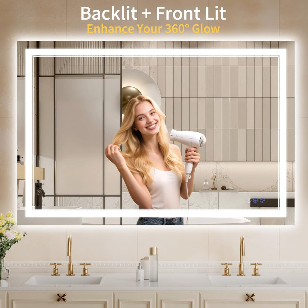 32"x48" LED Bathroom Mirror with Lights, Anti-Fog, Backlit + Front Lit, Dimmable, Led Vanity Mirror for Wall, Lighted Bathroom Mirror, 3 Colors, Shatter-Proof Tempered Glass