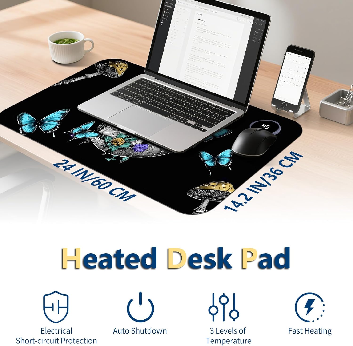 Heated Mouse Pad with 3 Temperature Settings(104°F–122°F),Large 24x14.2 Inch PU Leather Heated Desk Mat,Waterproof Warming Pad for Office,Gaming & Cold Hands Relief,Skeleton Moon Mushroom