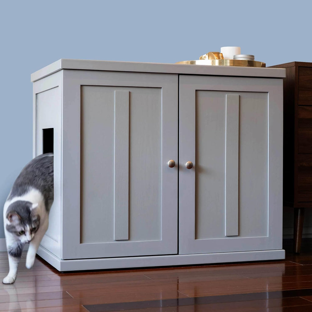 The Refined Feline Cat Litter Box Enclosure Cabinet, Shaker, Smoke Gray, Adjustable Levelers, XLarge, Hidden Litter Cat Furniture with Drawer