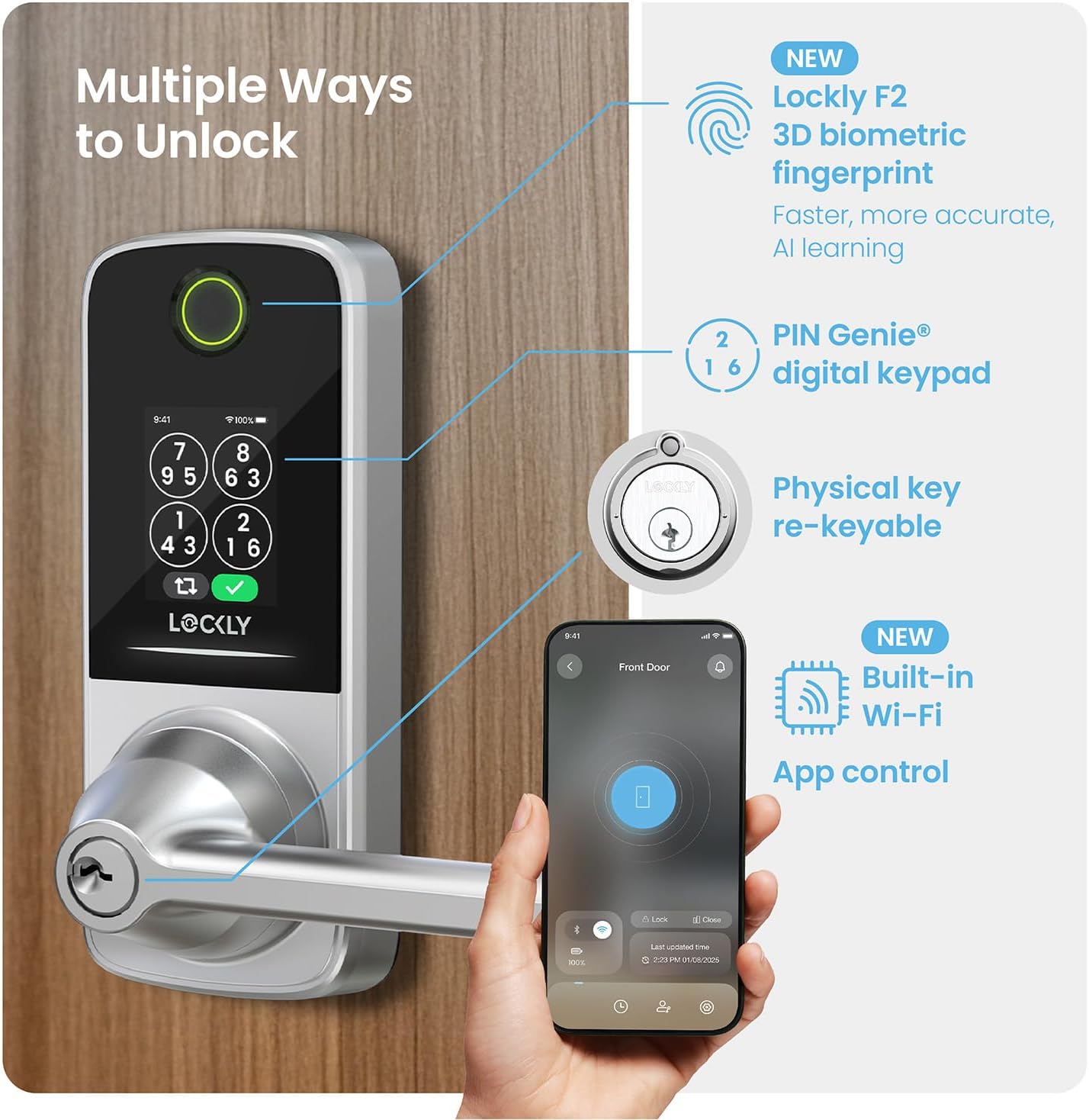 Lockly Smart Lock Secure Pro (2025 Latest Version),Fingerprint Door Lock, Keyless Entry, Built-in Wi-Fi Latch, PIN Genie Keypad (Silver)