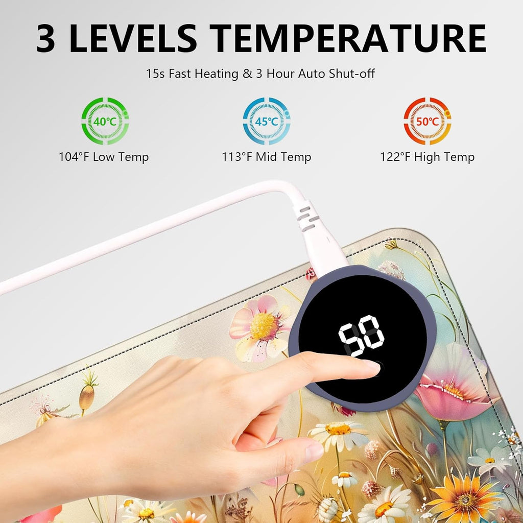 Heated Mouse Pad with 3 Levels Heated & 3 Hours Auto Shut-Off Mouse Pad for Warming Hands in Office Home, 23.6" x 14.2"Large Safe Desk Mat Hand Warmer，Colorful Flowers