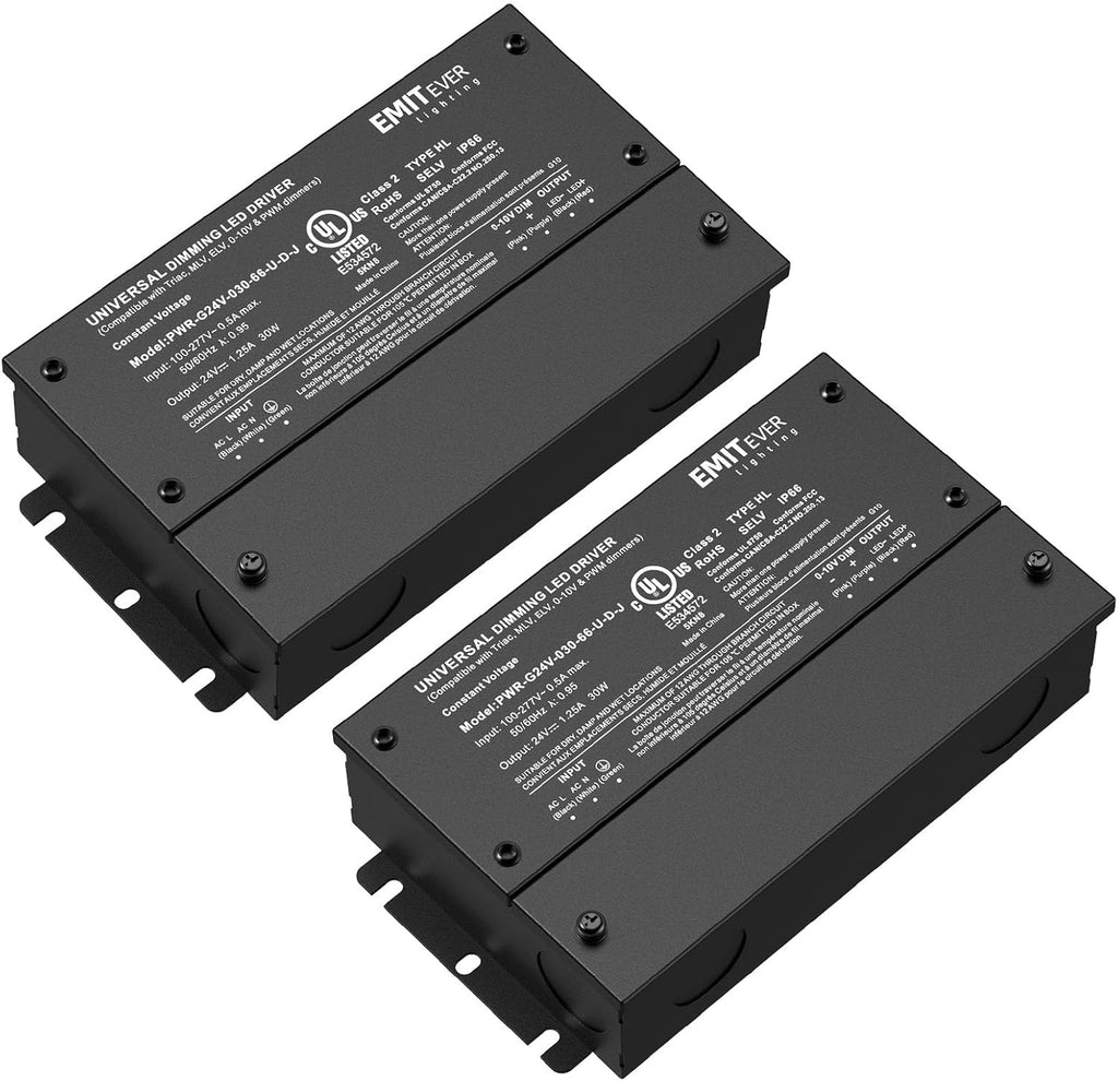 EMITEVER Dimmable Led Driver, 2 Packs 30W AC 110V-277V to DC 24V Transformer, 5-in-1 Dimming: ELV/MLV/TRIAC / 0-10V / 1-10V / 10V PWM/Potentiometer, Waterproof IP67 and UL Listed