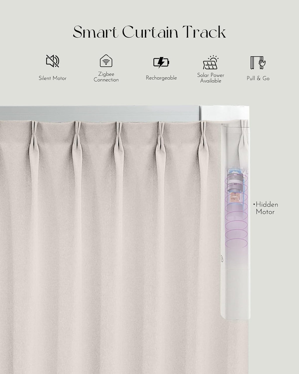 Graywind Rechargeable Smart Curtains Compatible with Alexa App Remote Control Motorized Drape for Sliding Door One-Way or Split Draw, Custom Width Up to 220" (Champagne White)