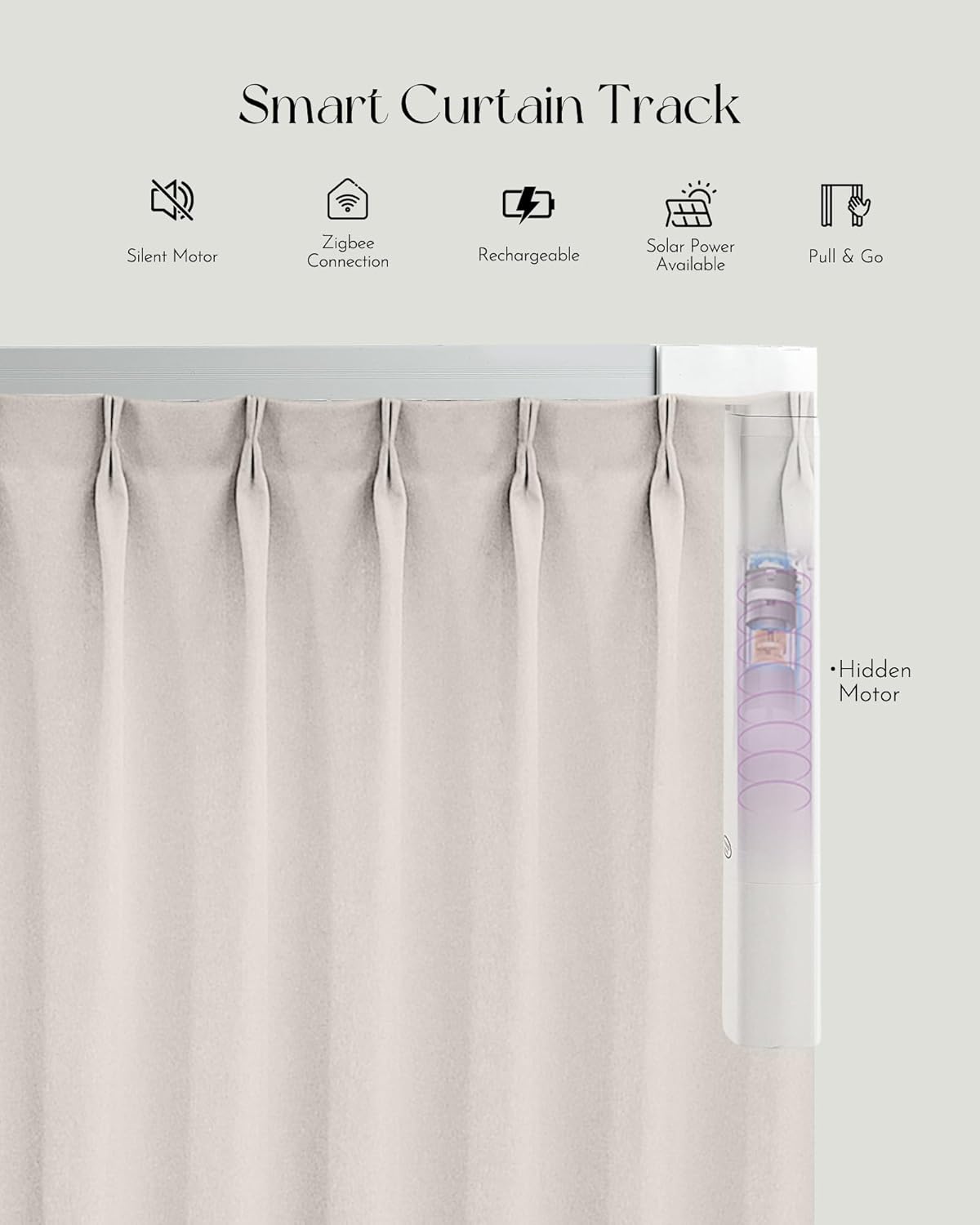 Graywind Rechargeable Smart Curtains Compatible with Alexa App Remote Control Motorized Drape for Sliding Door One-Way or Split Draw, Custom Width Up to 220" (Champagne White)