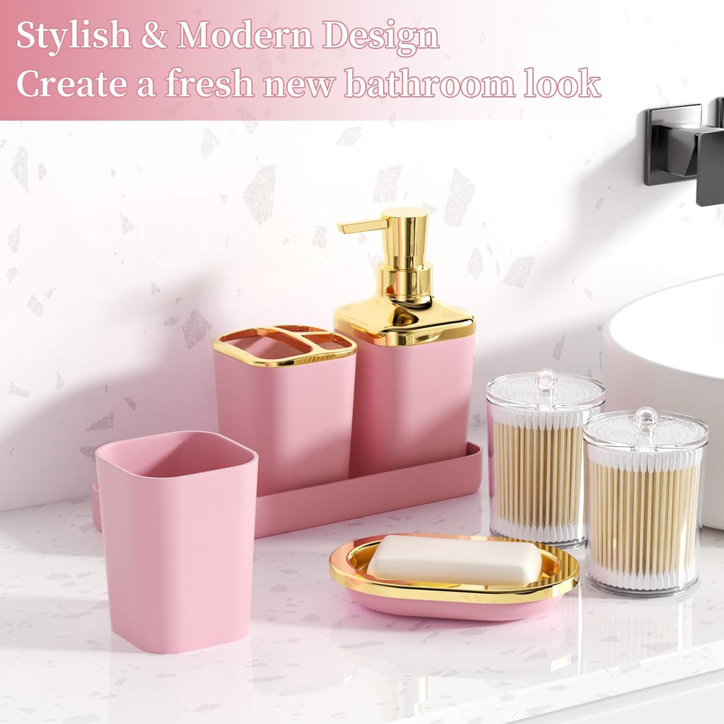 Pink and Gold Bathroom Accessories Set, Bathroom Sets with Shower Curtain, Pink Bathroom Accessories with Trash Can, Soap Dispenser, Soap Dish, Toilet Brush Holder, Qtip Holders for Bathroom