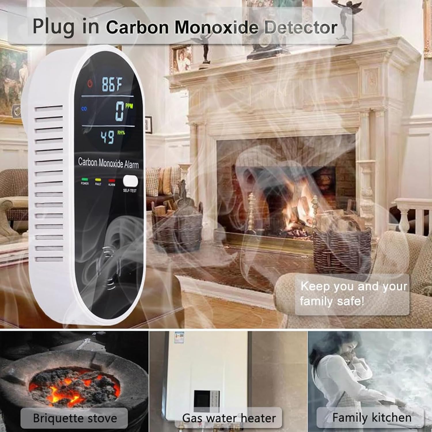 3 in 1 Carbon Monoxide Detector, KH Alert Portable Carbon Monoxide Detectors for Travel, Plug in Carbon Monoxide Detector with Temperature Humidity Sensor Built-in, Easy to Read & Install