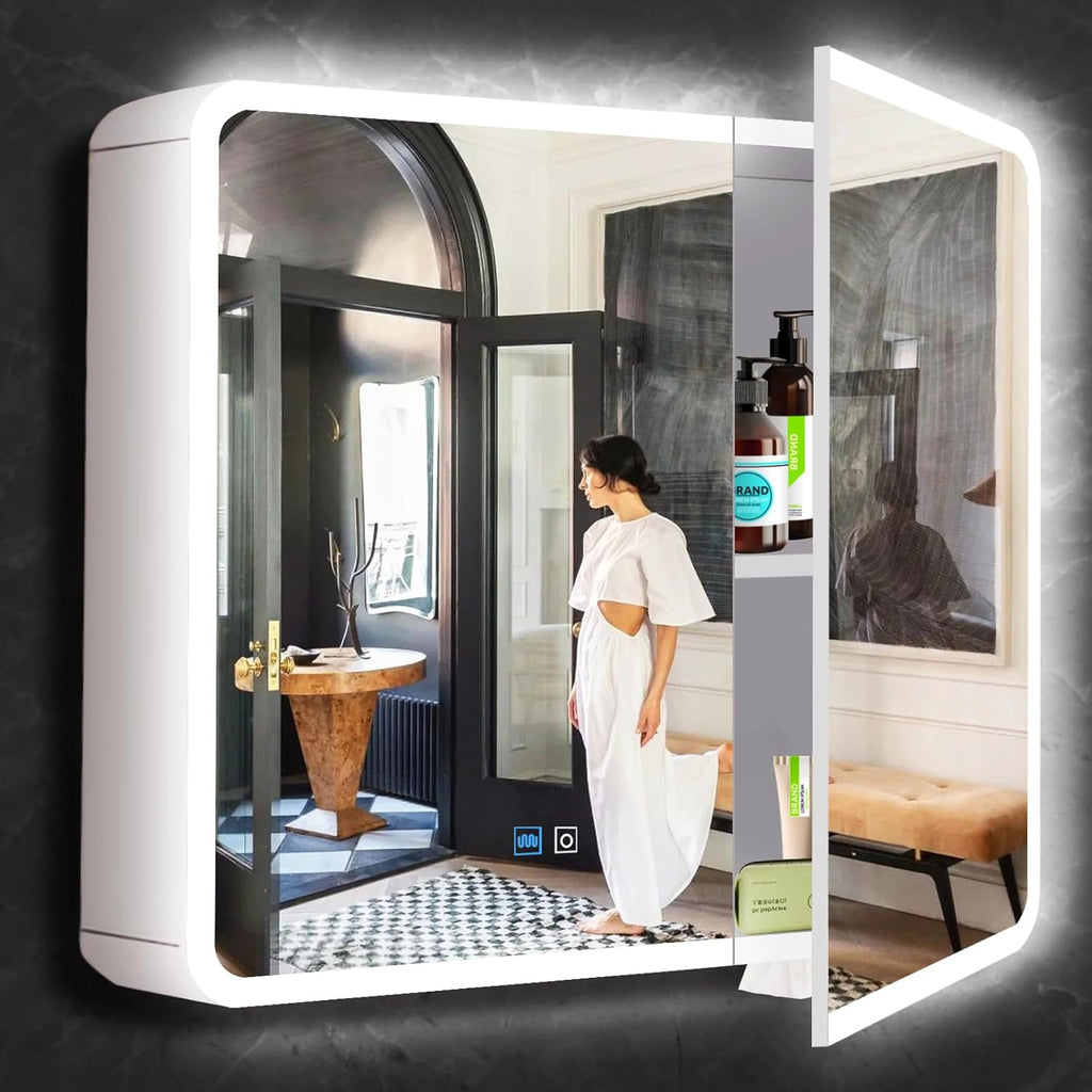 28 x 32 Inch White Medicine Cabinet LED Mirror with Lights 3 Color Dimmable Anti-Fog 2 Door 32 Inch Bathroom Lighted Medicine Cabinet with Mirror and Lights Storage for Bathroom Wall