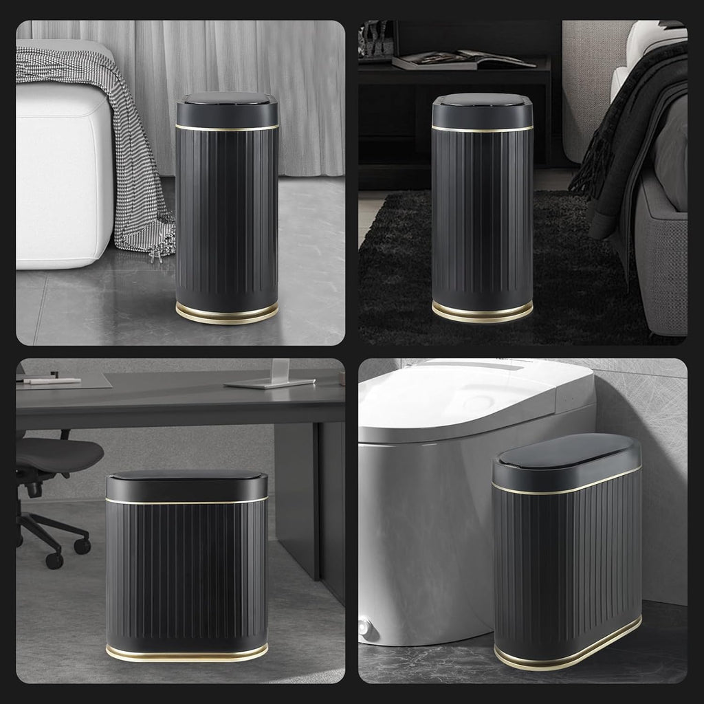 ELPHECO Bathroom Trash Can with Lid 2 Gallon Motion Sensor Garbage Can 7.5 Liter Small Trash can Touchless Bathroom Decor Waterproof Smart Waste Bin with Stripes for Bedroom, Office (Black-Golden)