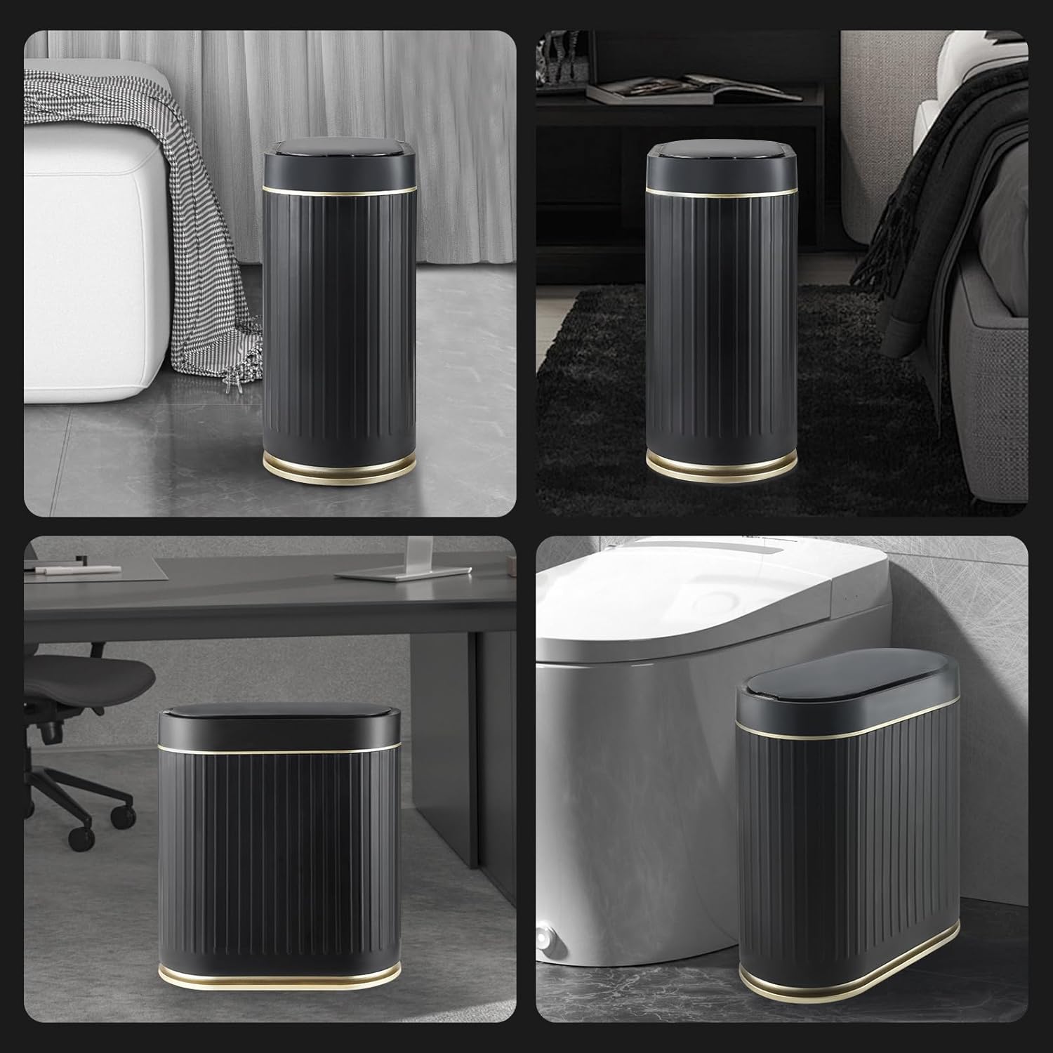 ELPHECO Bathroom Trash Can with Lid 2 Gallon Motion Sensor Garbage Can 7.5 Liter Small Trash can Touchless Bathroom Decor Waterproof Smart Waste Bin with Stripes for Bedroom, Office (Black-Golden)