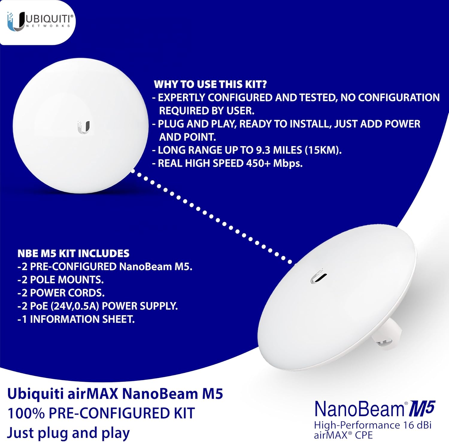 Tavora Wireless Bridge NBE-M5-16 Pre-Configured Bundle of 2, Point to Point Wi-Fi Bridge Outdoor, Plug and Play 150+ Mbps, 5 GHz, 15+ km Link Range