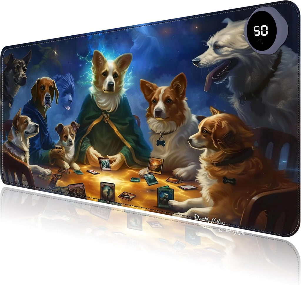 Heated Mouse Pad with 3 Levels Heated & 3 Hours Auto Shut-Off Mouse Pad for Warming Hands in Office Home, 31.5" x 13"Large Safe Desk Mat Hand Warmer，Dog Cards