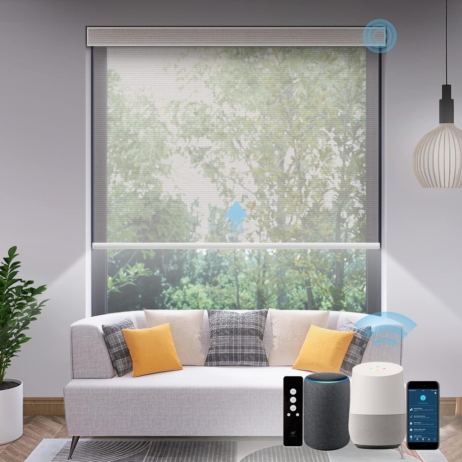 SmartWings Motorized Light Filtering Shades, Work with Matter Homekit Z-Wave Zigbee Alexa Google, 50% Blackout PVC Free Smart Blinds for Windows Cordless Window Shades with Remote Customized, Pearl