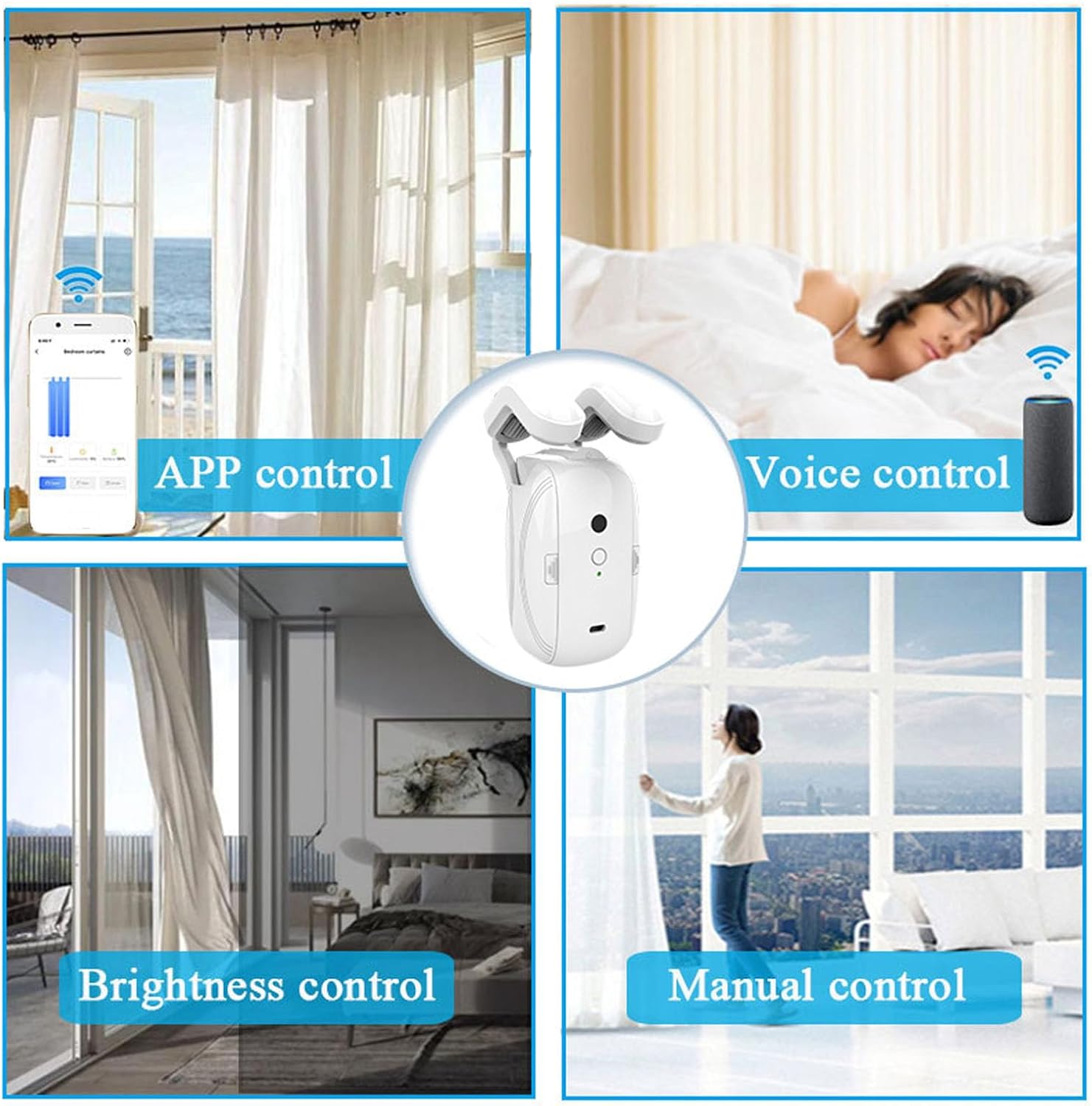 Luqeeg Automatic Curtain Opener and Closer, 2PCS Quiet Smart Curtain Motor with Timer & Temperature and Light Sensor for Home, Voice Control Bluetooth APP Remote Control