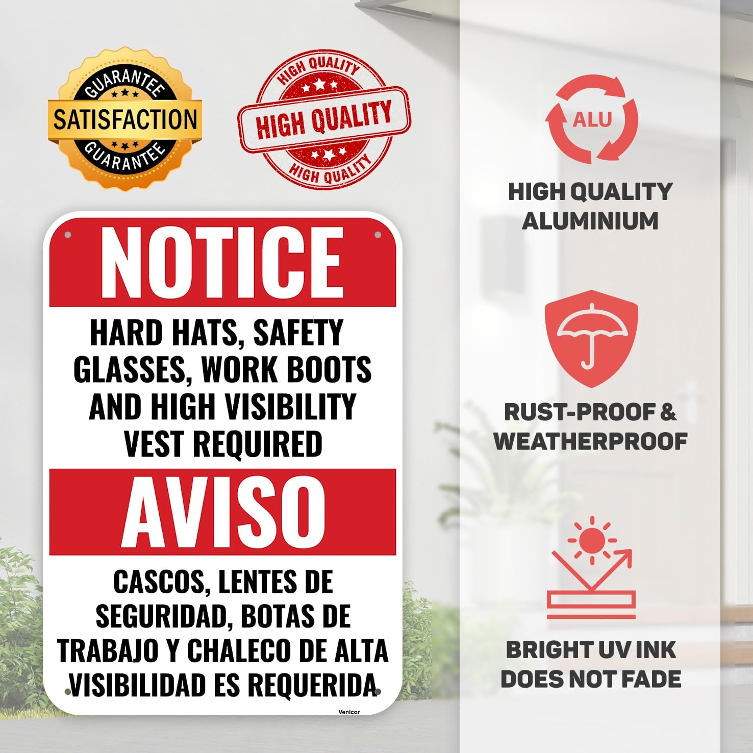 1PC Construction Signs, 14 x 10 Inches - Aluminum - Danger Area Under Construction Safety Site Signs For Jobsites - Bilingual Spanish