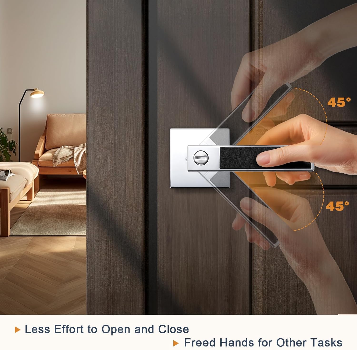 Probrico Square Heavy Duty Door Handle with Black Leather Hand Lever, Keyless Privacy Interior Door Levers for Bedromm and Bathroom, Polished Chrome, 1 Pack