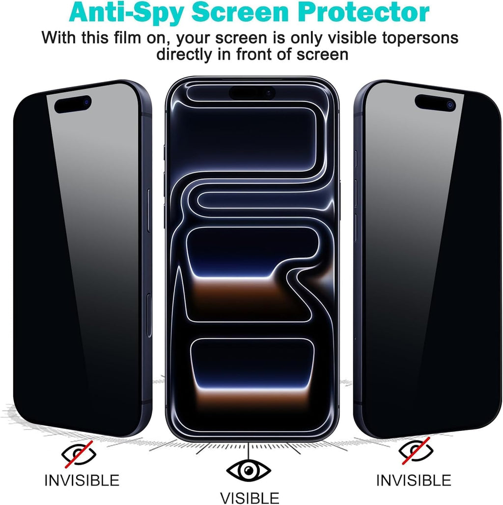 3 Pack for iPhone 17 Pro Screen Protector Privacy Full Cover Glass + 2 Camera Lens Protector 9H+ Tempered Glass Military Grade Shatterproof Anti Spy Bubble Free Auto installation Frame