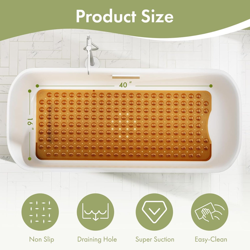 AmazerBath Shower Mat Non Slip 40 x 16 Inches, Shower Stall Mats with Suction Cups and Drain Holes, Non Slip Bath Mat for Tub for Elderly & Kids, Clear Brown