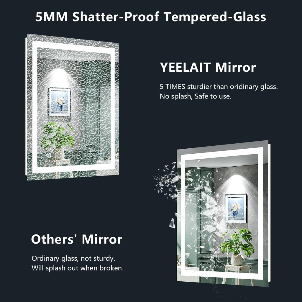 20x28 Inch LED Bathroom Mirror with Lights Front and Backlit Lighted Vanity Mirror for Bathroom Wall with 3 Colors Dimmable Anti-Fog Memory Shatter-Proof IP54 Waterproof Horizontal/Vertical