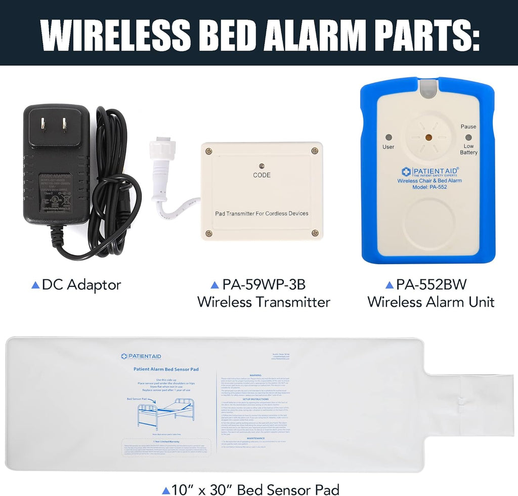Patient Aid Patient Wireless Bed Alarm 10"x30" Mattress Pad with Motion Sensor, 3 Chime and Mounting Options, AC Adapter, Fall Prevention System for Seniors - Bed Alarms for Elderly - Mailbox Alert