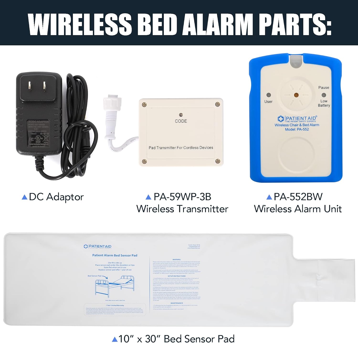 Patient Aid Patient Wireless Bed Alarm 10"x30" Mattress Pad with Motion Sensor, 3 Chime and Mounting Options, AC Adapter, Fall Prevention System for Seniors - Bed Alarms for Elderly - Mailbox Alert