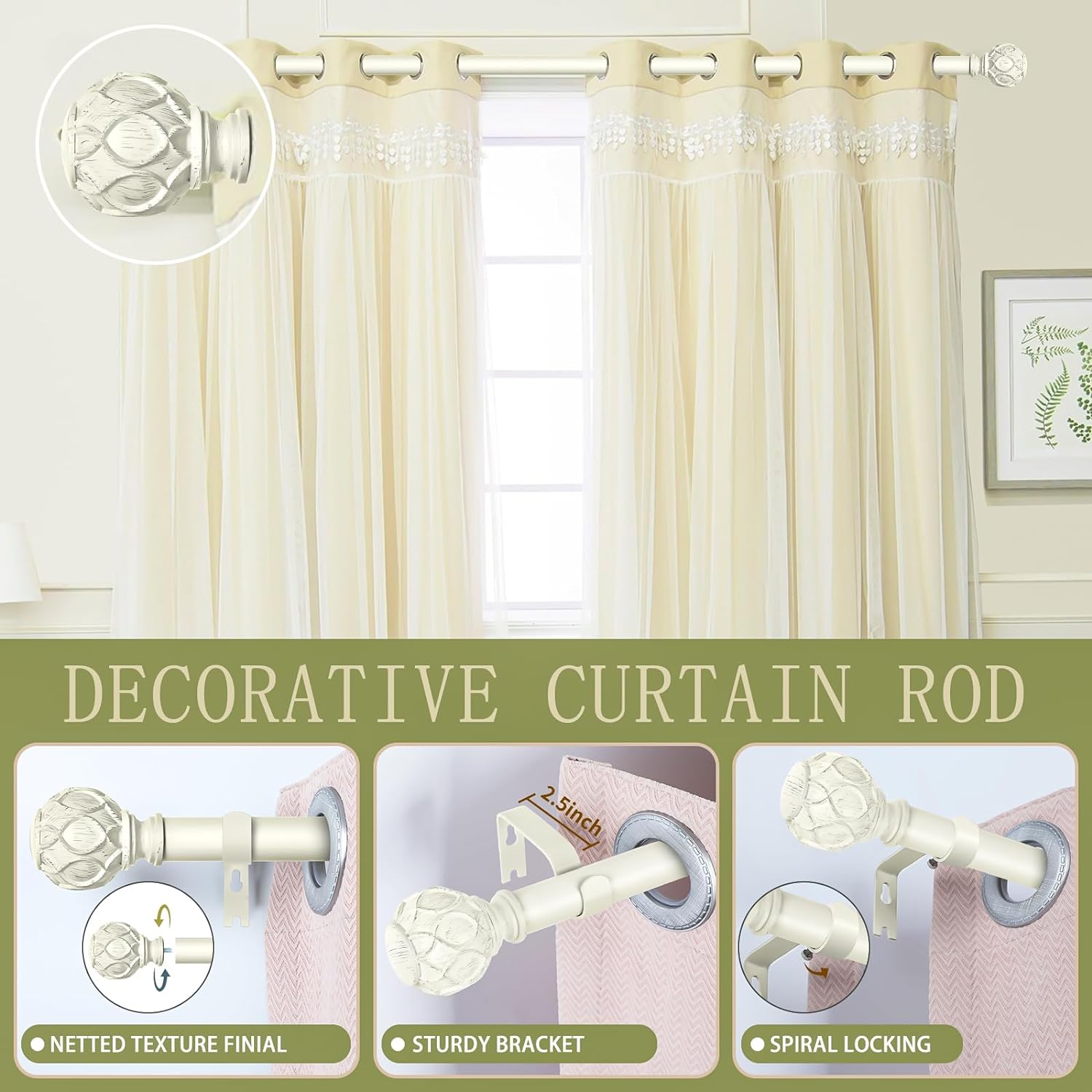 White Farmhouse Curtain Rods for Windows:18-45" Heavy Duty Adjustable Curtain Rod for Bedroom Living Room,Boho Decorative Rustic Drapery Rods with Vintage Coastal Texture Finials,Antique White