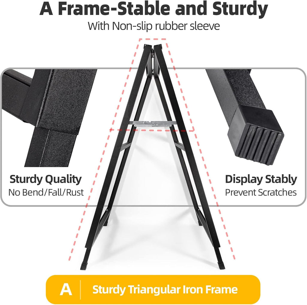 2 Pack Heavy Duty A-Frame Sidewalk Sign 24 x 36 Inch, Portable Double-Sided Sandwich Board Slide-in Folding Metal Signboard with 4 Plastic Poster Boards