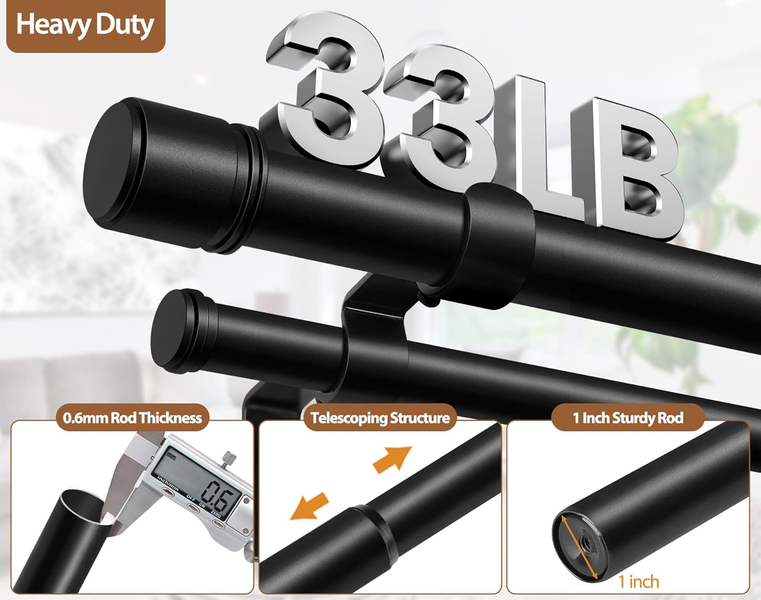 Double Curtain Rod 140 to 195 Inch, HOTOZON 1 Inch Heavy Duty Double Curtain Rods for Windows 128 to 191 Inches(10.6-15.9 ft), Telescoping Drapery Rod with Simple End Finials, Black