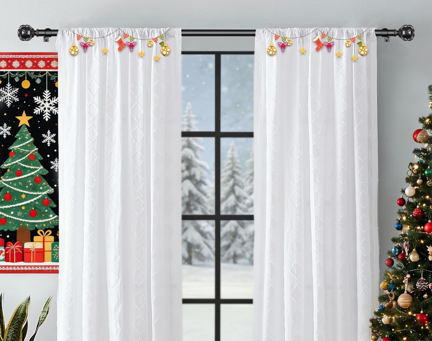 KAMANINA Curtain Rods for Windows 48 to 84 Inch, Black Heavy Duty Curtain Rod Adjustable, 7/8 Inch Single Decorative Drapery Rod 32 to 86 Inch(2.6-7.1Ft), Netted Texture End