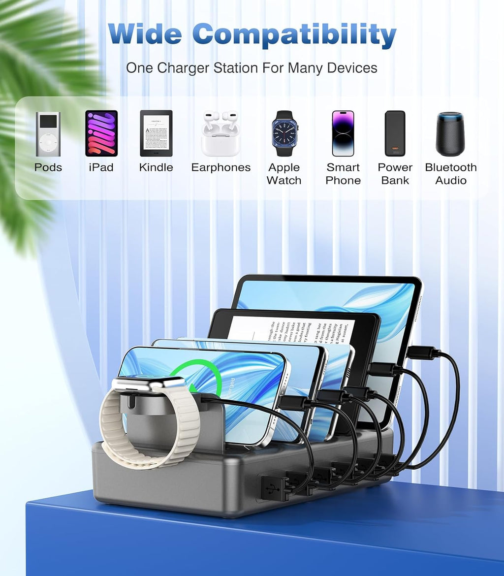 CREATIVE DESIGN 50W Fast Charging Station, 6 Port Apple Charging Station for Multiple Devices Compatible with iPhone,iPad, Tablet,Kindle ect,with 6 Short Cables and Apple Watch Holder（Space Gray）