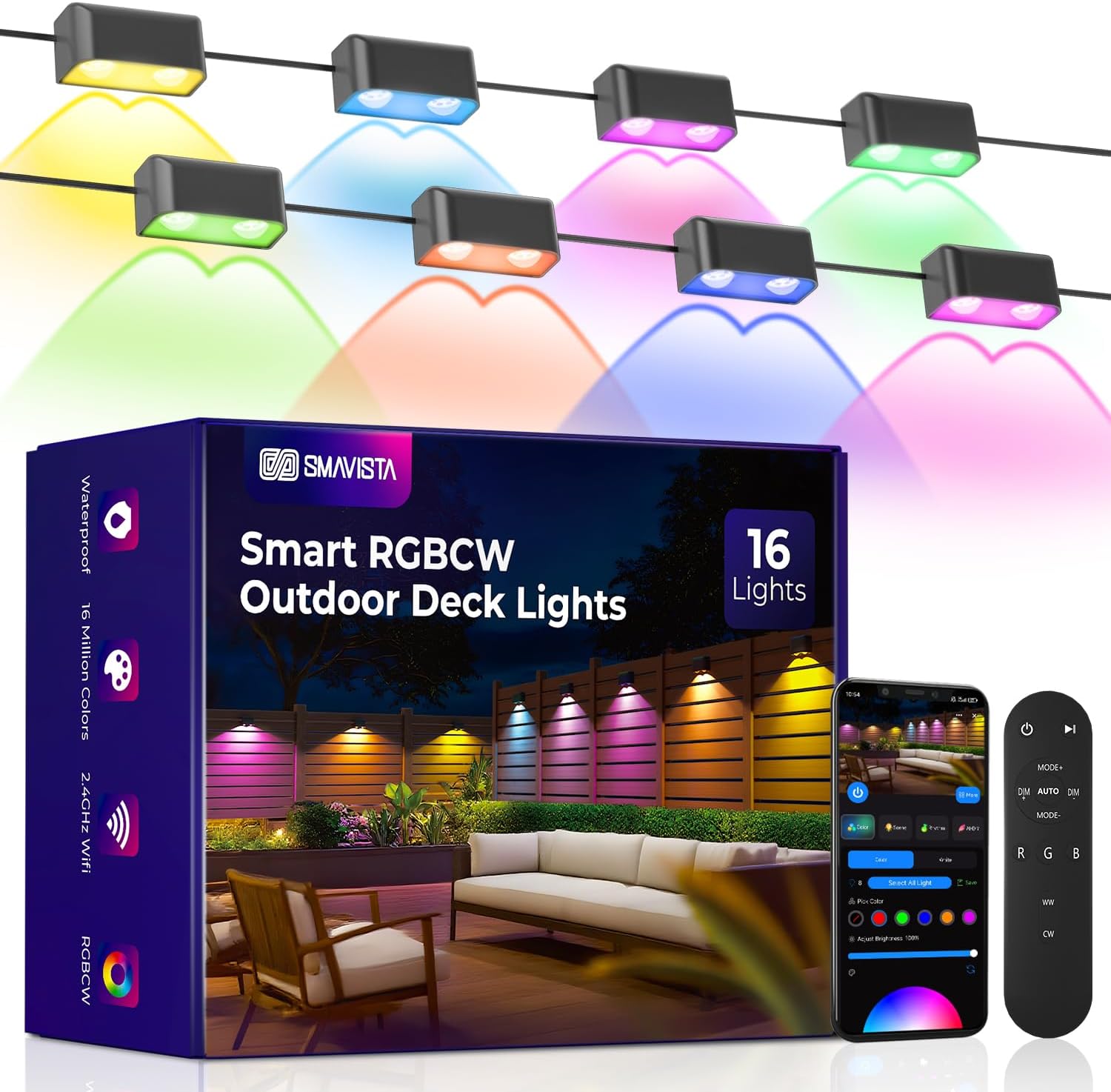 Outdoor Deck Lights 16 Packs, Smart RGBCW Fence Light, 100+ Scene Modes, Dual Lens LED String Lights with APP/Voice/Remote Control, IP65 Waterproof for Halloween Christmas Decor, 105ft Black