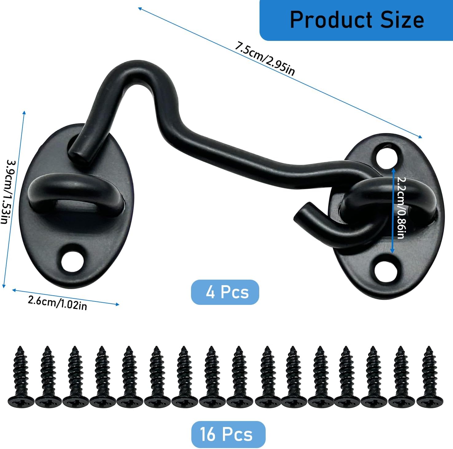 4 Pack 3" Hook and Eye Gate Latch, Stainless Steel Rust-Resistant Barn Door Lock Cabin Hooks for Gate Shutters Window Slide Barn Shed Cabinet Bathroom, with 16pcs Screw,Black