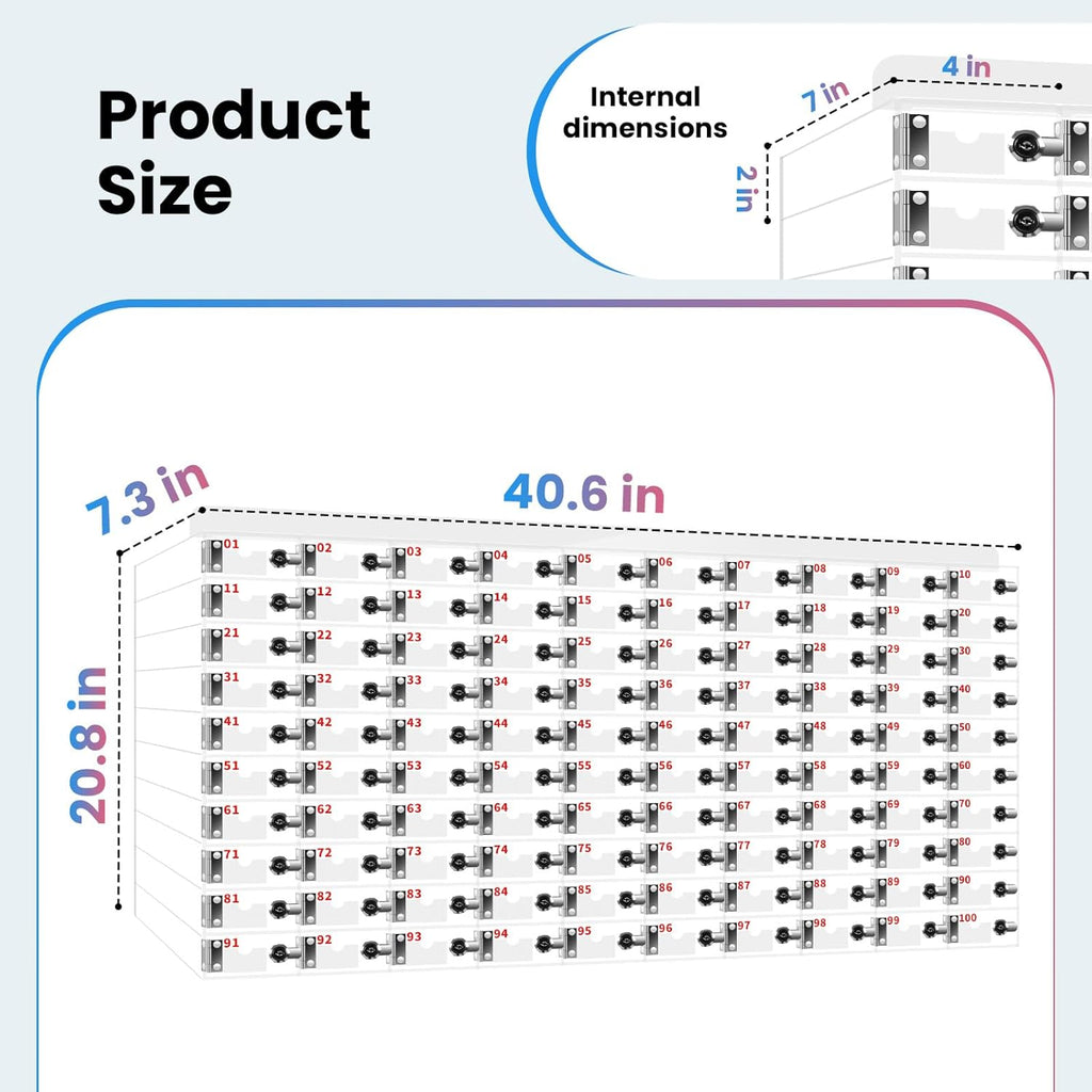 100 Slots Cell Phone Locker Box for Classroom with Door Locks and Keys Clear Acrylic Cell Phone Lock Storage Cabinet Wall Mounted for School Factory Office
