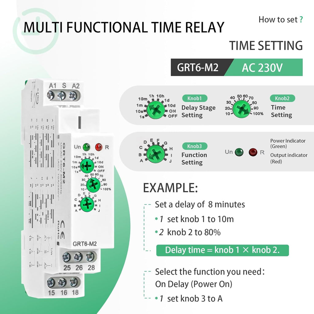 Multifunction Time Relay Module 10A, Adjustable Delay Timer Switch, 0.1s-10 Days Wide Time Range Delay AC230V Factory Automation Time Relay Universal Voltage DIN Rail GTR-6 M2 AC230V