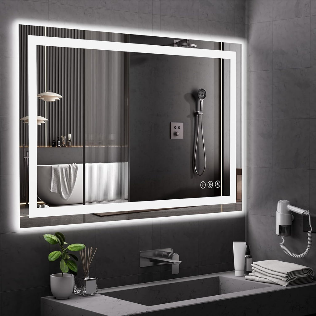 Koonmi 36x55 LED Bathroom Mirror, Backlit + Front Lit, LED Bathroom Mirror with Lights for Wall, 3 Colors, Anti-Fog, Dimmable Brightness, Memory Function, Tempered Glass