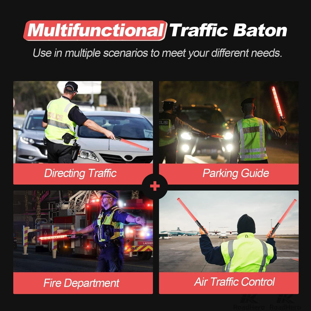 RoadHero 10 Pack 21 Inch Traffic Wand, Brightness Traffic Control Baton with 2 Flashing Modes, Safety Marshalling Wands with Side Clip for Airport, Parking Lot, Car Directing