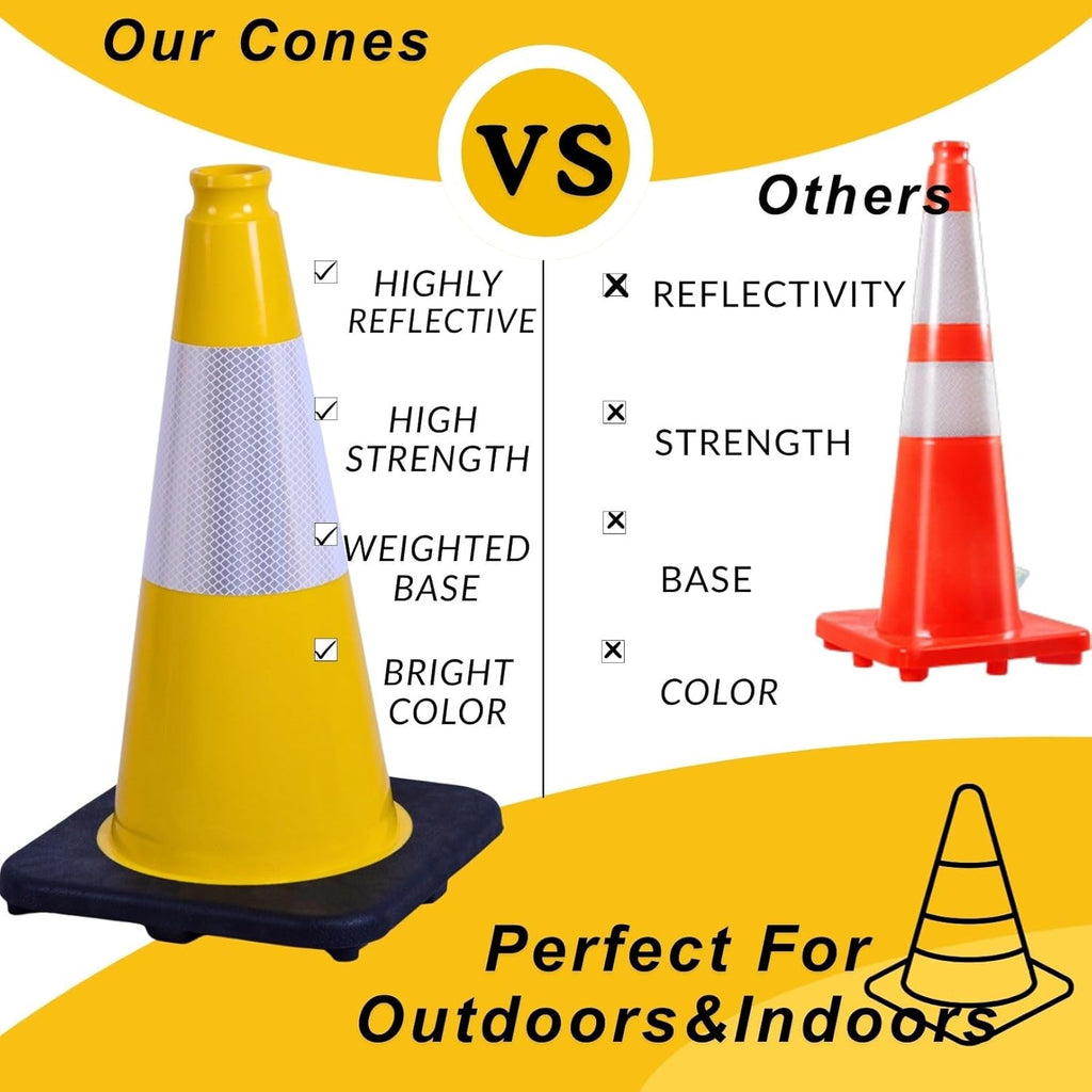 BESEA 6Pack 18 Inch Yellow Traffic Cones with 6 Inch Reflective Collar, Heavy Duty PVC Safety Cones with 10.5 x 10.5 Inch Base for Parking, Driving Practice, Sports Training, and Construction