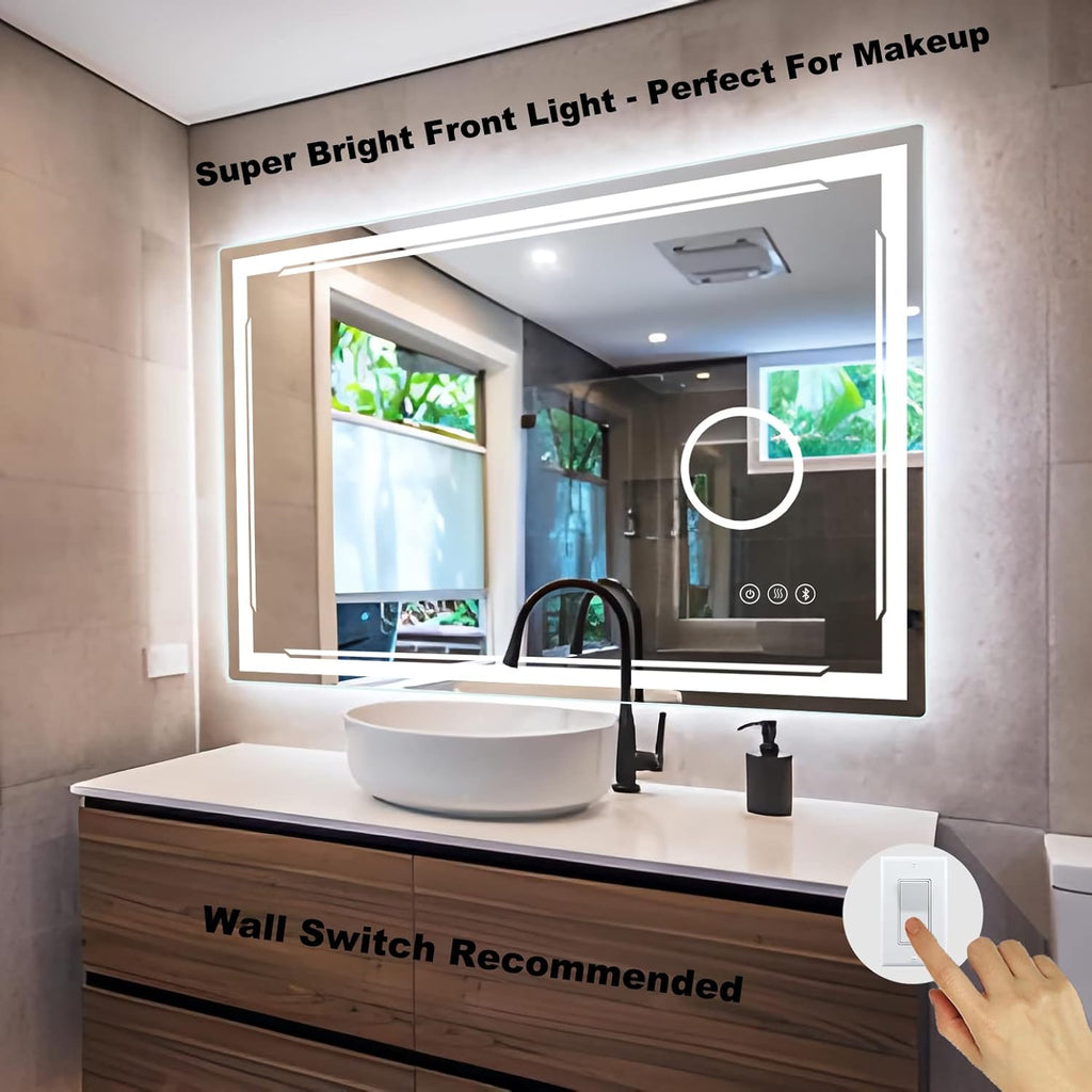 30''X48'' LED Bathroom Mirror with Lights, Built-in Bluetooth Speaker and 3X Magnifier, Anti-Fog Dimmable Backlit + Front Lit, Lighted Vanity Makeup Wall Mirrors, Shatter-Proof IP65 Waterproof