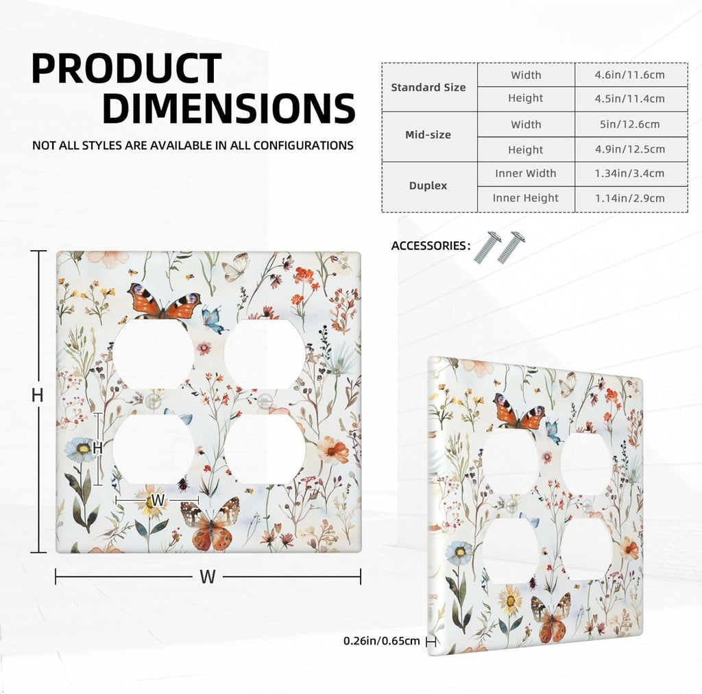 Outlet Covers Butterfly Floral Boho Multicolor Flower Leave 2 Gang Double Duplex Decorative Light Switch Covers Electrical Wallplates Socket Faceplate for Bed Room living Room Decor