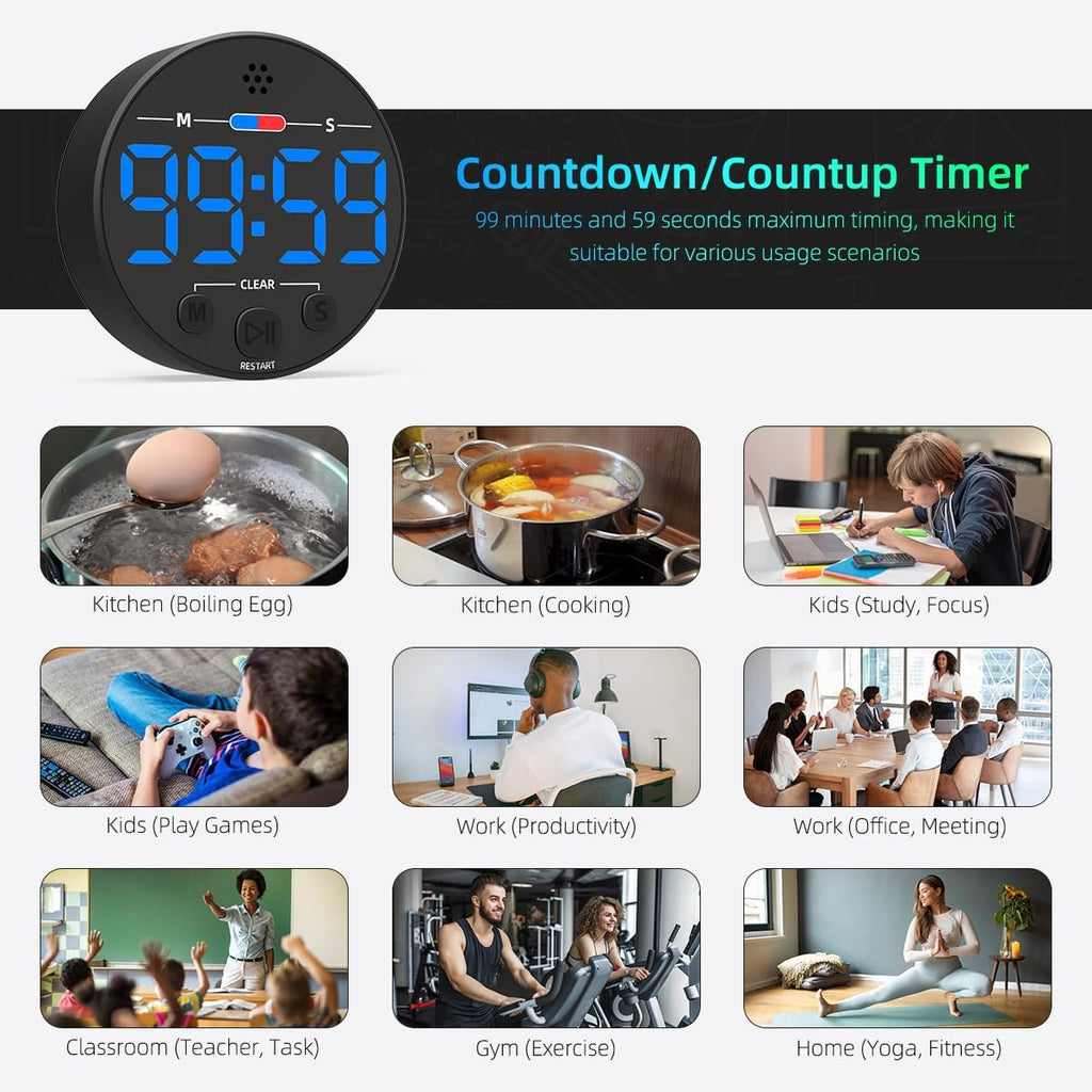 Visual Digital Timer for Kitchen, Classroom, Kids, Productivity, Magnetic Countdown Timer for Egg Cooking, Toddler, Focus, Work, Task, Small Desk with Large LED Display, Super Loud Alarm - Blue