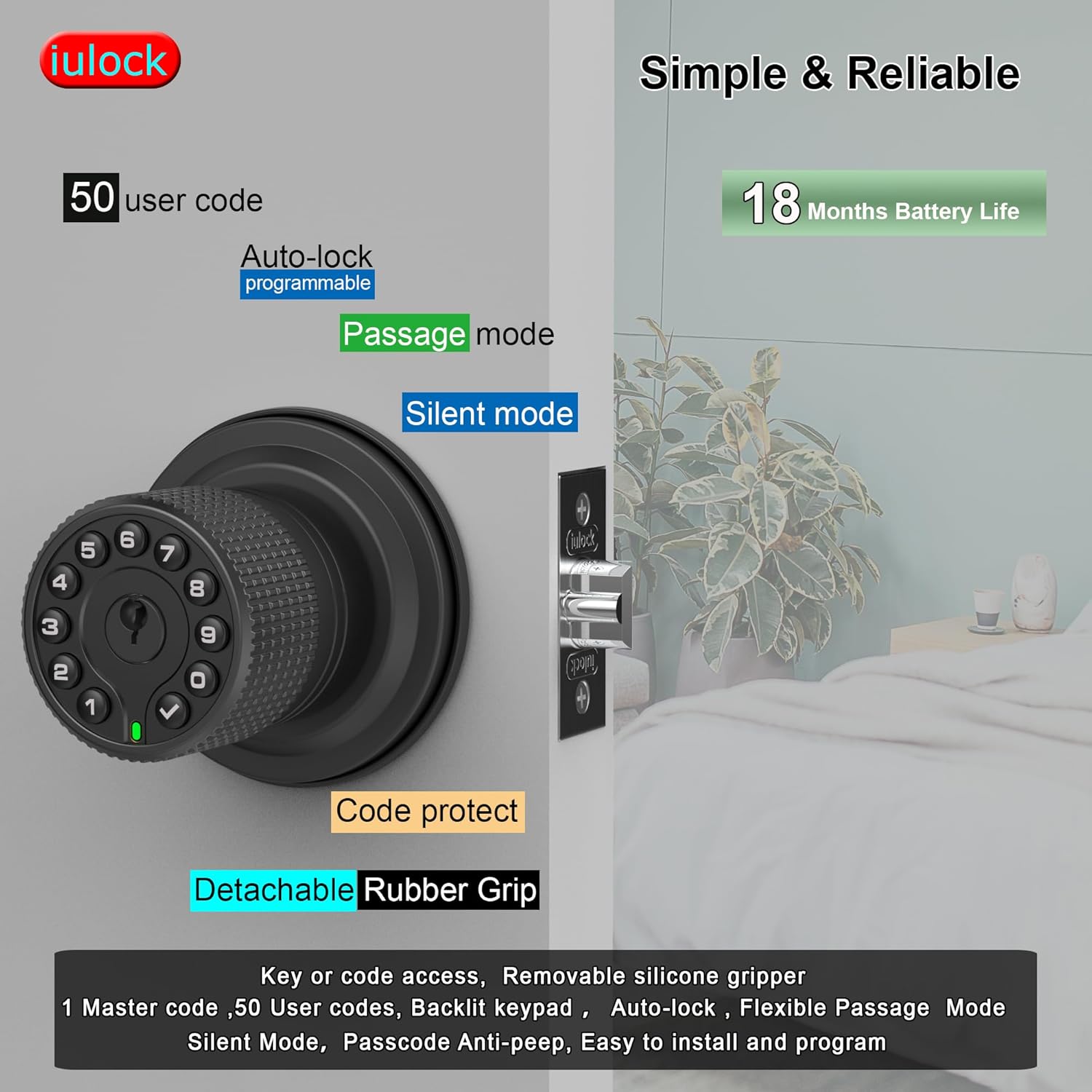 Keypad & Key Smart Door Lock, 50 User Codes, Waterproof, Auto Lock - Matte Black
