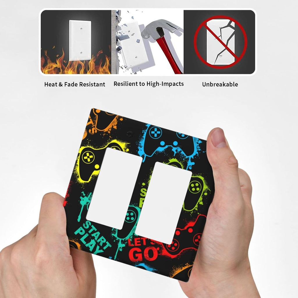 Decorative Outlet Covers Gamepad Theme Graffiti 2 Gang Light Switch Cover Plate Double Rocker Wall Plate Switch Plate Covers Faceplate for Game Room Bedroom Decor （2 Pack）