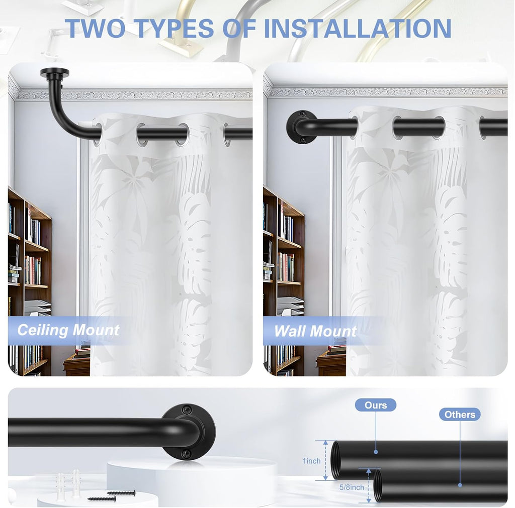 Black Wrap Around Curtain Rods 36 to 72 Inch:Blackout Heavy duty Adjustable Window Curtain Rod for Bedroom,Industrial Darkening Curved French Metal Single Drapery Rods Easy Install,Matte Black