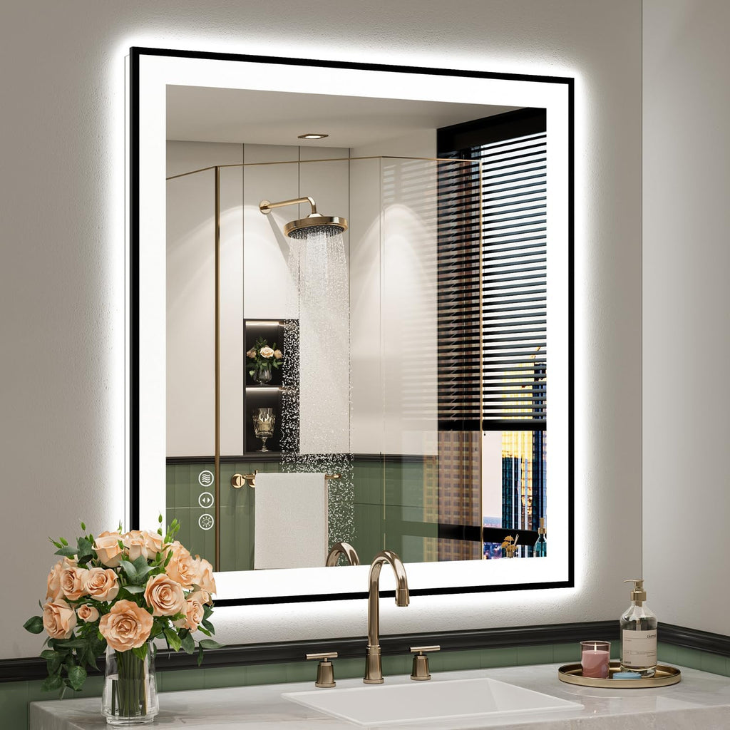 32x36 Inch LED Bathroom Mirror with Lights (Front Lit and Backlit) Black Framed Lighted Vanity Mirror for Bathroom Wall Dimmable Anti-Fog Memory Tempered Glass Horizontal/Vertical
