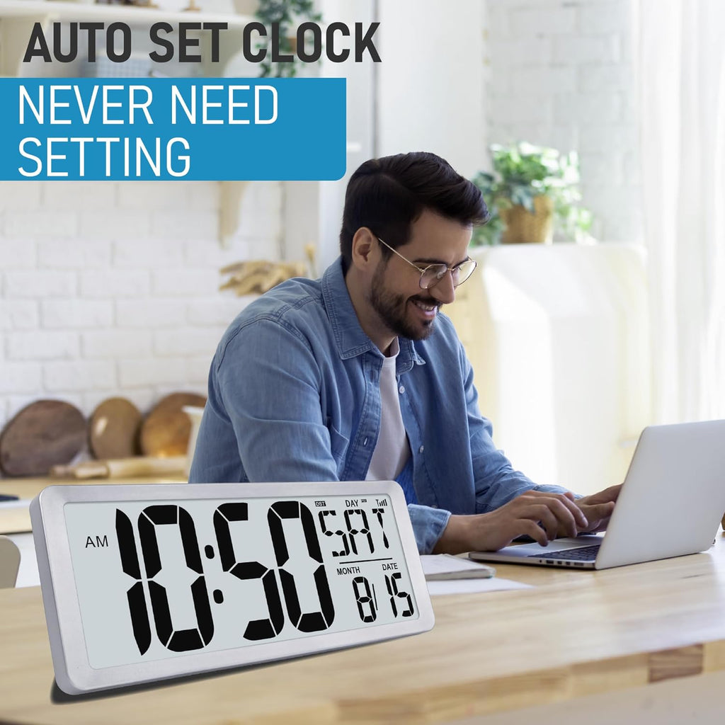 TXL Silver Large Digital Wall Clock with Backlight, 14.2" Battery Operated Alarm Clock with Day, Date & Temperature, Large Wall Clock for Classroom,Bedroom, Livingroom, Office，（Battery Included）