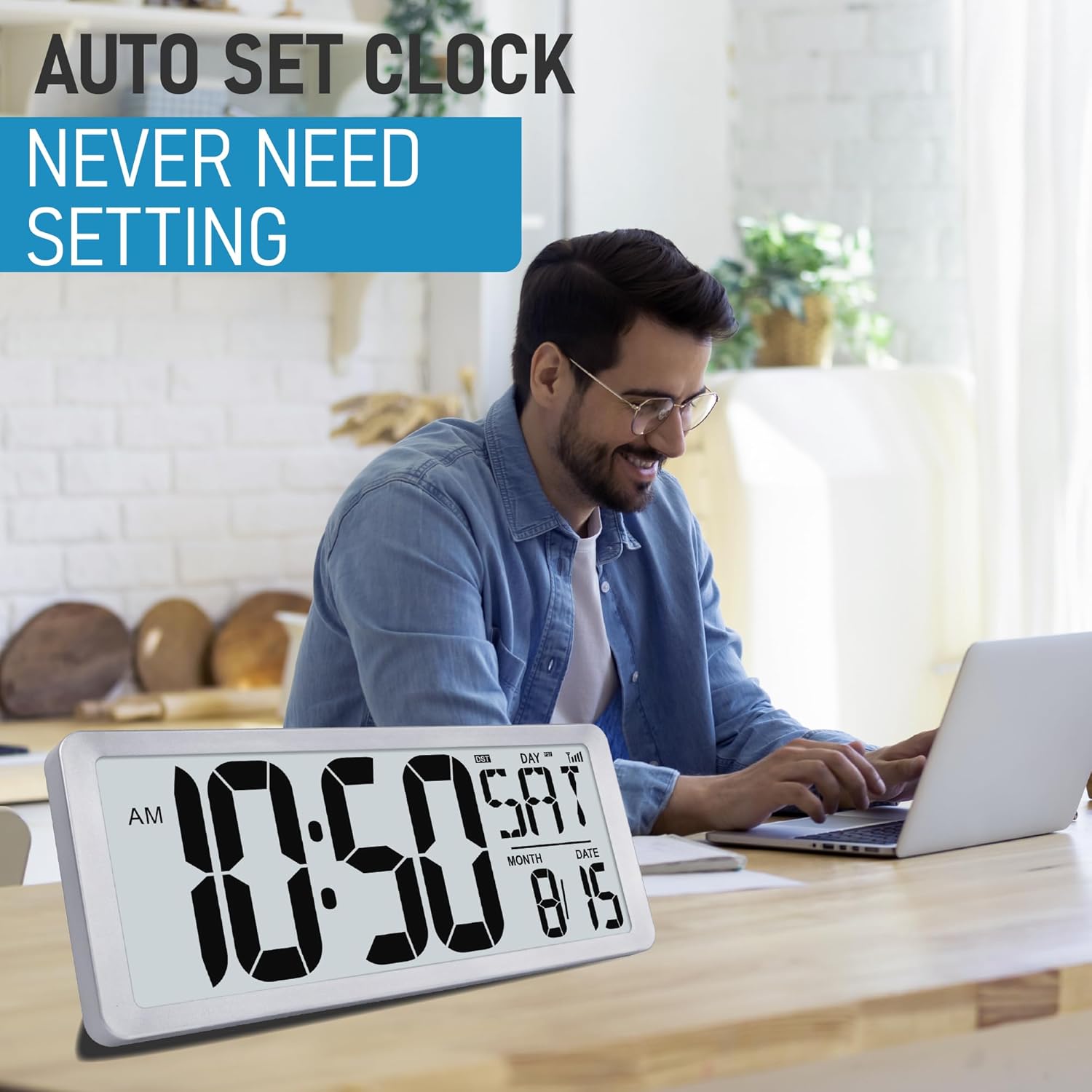TXL Silver Large Digital Wall Clock with Backlight, 14.2" Battery Operated Alarm Clock with Day, Date & Temperature, Large Wall Clock for Classroom,Bedroom, Livingroom, Office，（Battery Included）