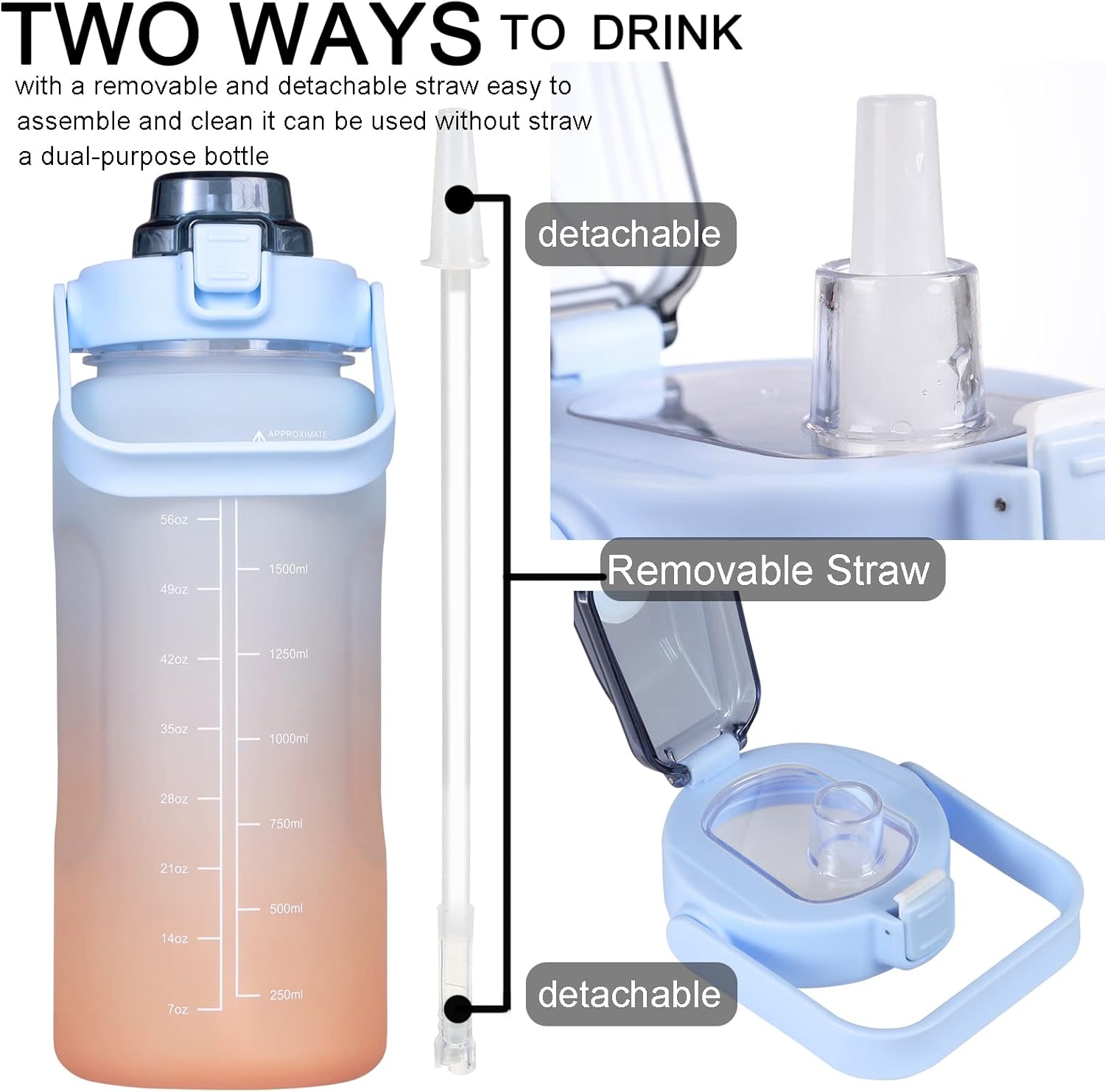 Large Motivational Water Bottle with Straw Time Marker BPA Free for Sport and Fitness (Blue Orange, 64 Oz / Half Gallon)
