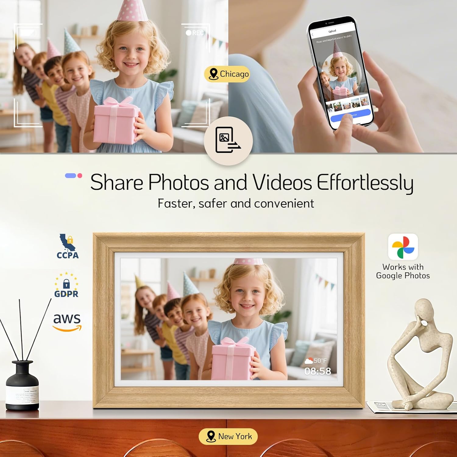 NexFoto 15.6'' Touchscreen Digital Picture Frame, 64GB Wood Electronic Picture Frame, FHD WiFi Digital Photo Frame, Add Photos from Google Photos, Share Videos, for Mom, Christmas/Birthday, Wood